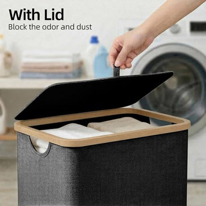 efluky Slim Laundry Basket with Lid, Narrow Laundry Hamper with Removable Bag, Skinny Dirty Clothes Basket with Bamboo Handles for Bathroom, Bedroom & Laundry Room, 65L Black - color: Black, size: 65L