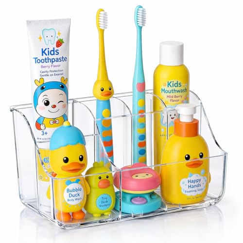 Sotfamily Clear Kids Toothbrush Holders for Bathrooms, 1 Pack(No-Drill) | Space-Saving Wall-Mounted Tooth Brush & Toothpaste Holder for Bathroom Countertop or Wall, Bathroom Organizers and Storage - size: 1 Pack