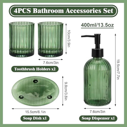 Topsky 4 Pcs Glass Bathroom Accessories Set,13.5oz Liquid Hand Soap Dispenser with Toothbrush Holder,Mouthwash Cup,Soap Dish for Bathroom Countertop,Vertical Stripe Design,Heavy Weight,Army Green