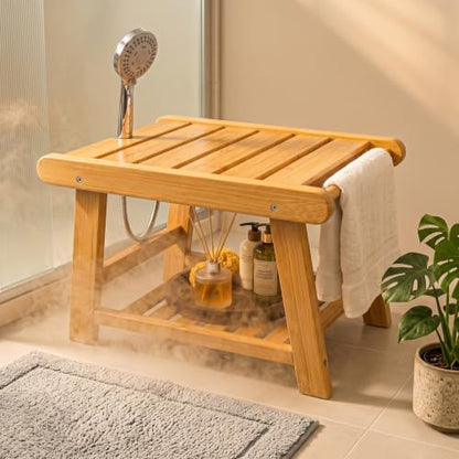 Bamboo Shower Bench Stool for Inside Shower Chair | Waterproof Shower Stool for Shaving Legs to Sit On, Spa Shower Seat Storage Shelf, Bathroom Bench Foot Rest