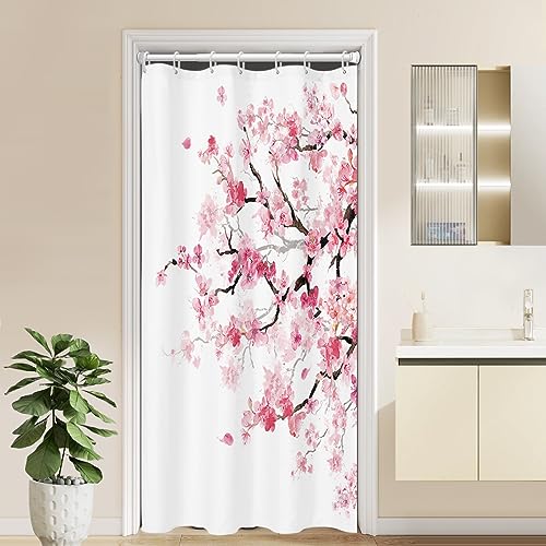 Stall Pink Floral Shower Curtain, Japanese, 7 Hooks, 36" W x 72" L | Sakura Watercolor Pattern, Elegant Cherry Blossom Art, Cute Girly RV Camper Style, Short Small Mini Bathroom Decor - color: Pink White, size: 36"W x 72"L (Pack of 1)