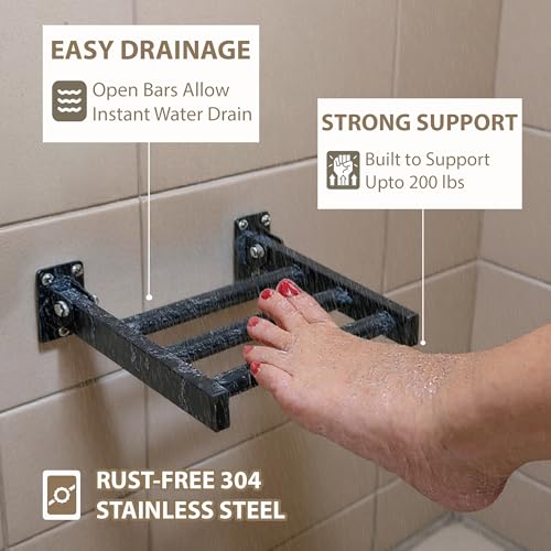 Shower Foot Rest and Shaving Pedestal - Wall Mount Folding Shower Ledge/Elevate Foot for Comfort/Safely Shave Legs and Wash Feet/Supports 200 lbs/ 304 Stainless/Matte Black/ 9”x 8” - color: Matte Black