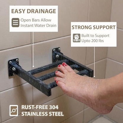 Shower Foot Rest and Shaving Pedestal - Wall Mount Folding Shower Ledge/Elevate Foot for Comfort/Safely Shave Legs and Wash Feet/Supports 200 lbs/ 304 Stainless/Matte Black/ 9”x 8” - color: Matte Black