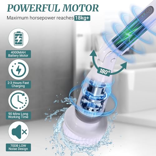 Electric Spin Scrubber, IPX7 Waterproof Shower Cleaning Brush with 8 Replaceable Brush Heads, Extendable Long Handle and 2 Adjustable Speeds Tools White
