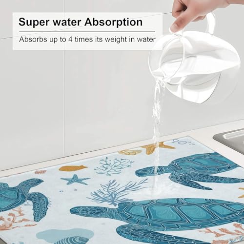 Turtle Pattern Dish Drying Mat for Kitchen Counter Absorbent Microfiber Reversible Dish Pad Fast Drying Countertop Protector Extra Large"18x24"Dish Mat - color: Light Blue-Turtle