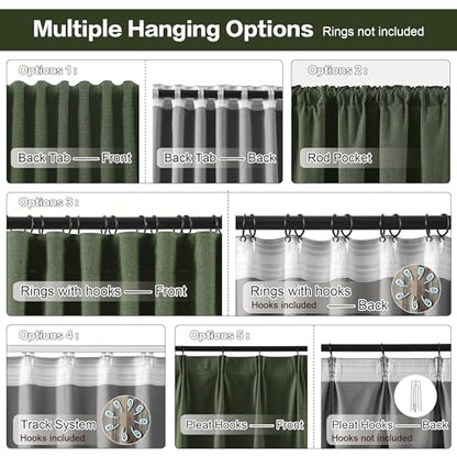 RAIN CITY Dark Olive Green Blackout Curtains Linen 63 Inches Long 2 Panels Set, Back Tab Pleated Look Thermal Insulated Curtains & Drapes for Living Room - Loden/Olive Forest W50 x L63 | Back Tab Thermal Insulated Linen Light Blocking Curtains & Drapes fo