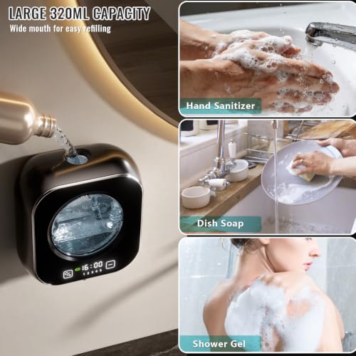 Automatic Soap Dispenser Touchless, Wall Mount Hand Soap Dispenser 10.8oz, LED Clock Electric Sensor Pump with 5 Speed Foam,120-Day Long-Life Battery, IPX5 Waterproof for Kitchen Bathroom Office Hotel