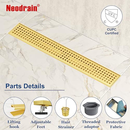 Neodrain 18" Linear Shower Drain, Gold 304 SS Bathroom Linear Drain,cUPC | Gold Shower Drain with Quadrato Grate& Adjustable Feet, Long Rectangle Shower Floor Drain in Bathroom, Balcony etc - color: Golden, size: 18 In