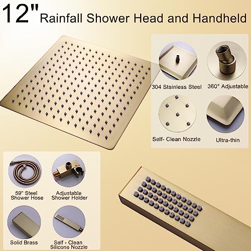 Temperature Display Rain Mixer Shower Faucet Set with 6 pcs Body Jets 12 inch Square Rainfall Shower Head with Handheld Spray Wall Mounted Rough-in Valve and Trim Included,Brushed Gold - color: Brushed Gold