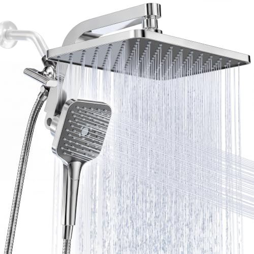 12" XXL Rainfall Shower Head with Handheld Combo, Chrome Polished | High Pressure, Magnetic Docking, Air-Infusion Tech, Anti-Leak One-Piece Design, Dual Square Showerhead - color: Chrome Polished