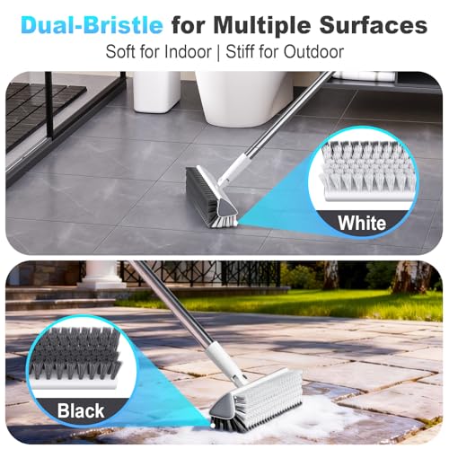 Floor Scrub Brush with Long Handle, Heavy-Duty Stiff Bristles, V-Shape Floor Scrubber Brush for Tile, Concrete & Grout Lines, Stand-Up Cleaning for Garage, Bathroom, Deck & Patio