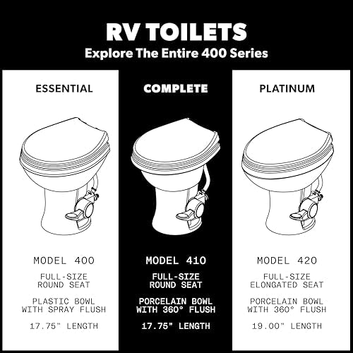 Dometic Model 410 Complete RV Toilet – Round Porcelain Bowl, Universal Fit & 2-Bolt Mount, 18" Chair Height Residential-Style, Gravity Flush Toilet with Soft-Close Seat, Bone (9610008260) | Universal Fit & 2-Bolt Mount, 18" Chair Height Residential-Style,