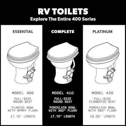 Dometic Model 410 Complete RV Toilet – Round Porcelain Bowl, Universal Fit & 2-Bolt Mount, 18" Chair Height Residential-Style, Gravity Flush Toilet with Soft-Close Seat, Bone (9610008260) | Universal Fit & 2-Bolt Mount, 18" Chair Height Residential-Style,