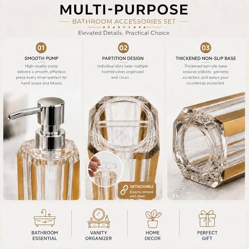 LGURT 4pc Crystal Clear Acrylic Bathroom Set, Brushed Gold Edges | Soap Dispenser, Soap dish, rinse cup & holder, with brushed gold accent. For apartment, guest bath, or vanity countertop. - color: Gold