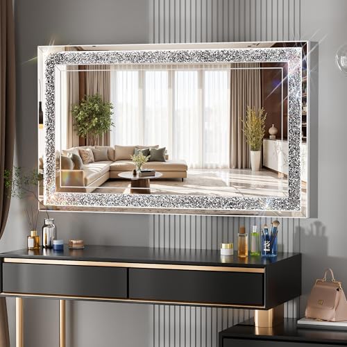 WINNICE 47" x 26" LED Diamond Wall Mirror, Dim & Anti-Fog | Crystal glass, dimmable & anti-fog, mounts vertical/horizontal, ideal for bathroom, bedroom, living room - size: 47"L x 26"W