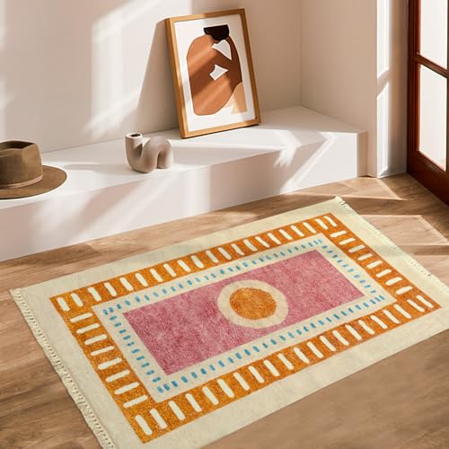 Lukinbox Boho Kids Area Rugs for Living Room, 3x5 Sun Machine Washable Bedroom Rug, Super Soft Non-Slip Orange Circular Rainbow Throw Rug for Entryway Playroom Nursery Room Dinning Room - size: 2'11" x 4'11" (Rectangular)
