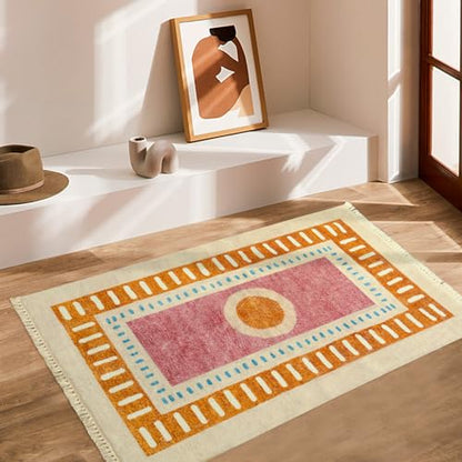 Lukinbox Boho Kids Area Rugs for Living Room, 3x5 Sun Machine Washable Bedroom Rug, Super Soft Non-Slip Orange Circular Rainbow Throw Rug for Entryway Playroom Nursery Room Dinning Room - size: 2'11" x 4'11" (Rectangular)