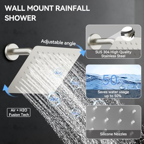 Brushed Nickel Shower System with Jets,Bostingner 4 Way Shower Faucet Set with 2 in1 Handheld,Ceiling Mount 12"+6" Rain Shower Head Wall Mounted, 4 Body Spray Jets Dual Head Shower Set - color: Brushed Nickel, size: 6+12 inch-01