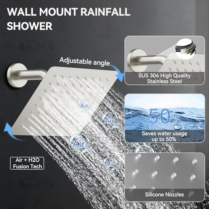 Brushed Nickel Shower System with Jets,Bostingner 4 Way Shower Faucet Set with 2 in1 Handheld,Ceiling Mount 12"+6" Rain Shower Head Wall Mounted, 4 Body Spray Jets Dual Head Shower Set - color: Brushed Nickel, size: 6+12 inch-01