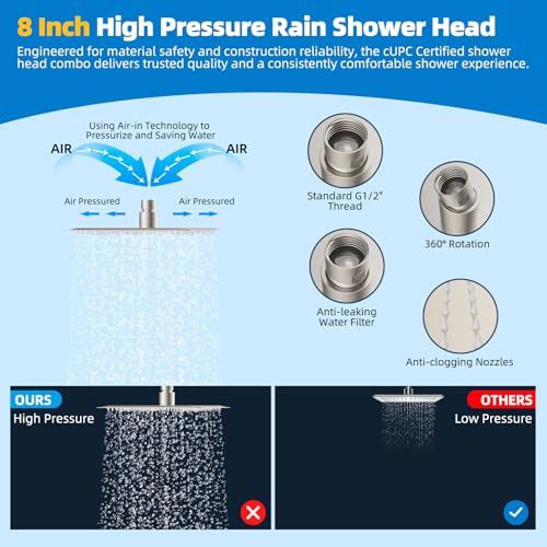Hibbent All Metal cUPC Certified Shower Head, 8'' High Pressure Rainfall Showerhead Combo, Handheld Shower Wand, 12'' Adjustable Extension Arm, 4-Spray, 71'' Hose, Shower Holder, Brushed Nickel - color: Brushed Nickel, style: Square 8''