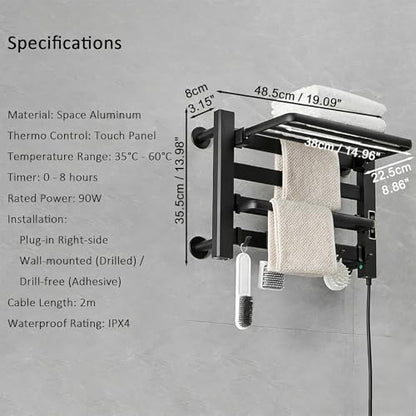Towel Warmer Rack, Space Aluminum Electric Heated Towel Racks for Bathroom, 4 Bars Wall Mounted Bath Towel Heater with Built-in Timer&Temperature Adjustment, Plug-in, Matte Black - color: Matte Black