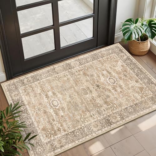 2x3 Entryway Rug Beige Washable Vintage Rugs for Entryway Kitchen | Soft Low Pile Non-Slip Indoor Door Mat Traditional Distressed Small Throw Rugs for Kitchen Entrance Bathroom - color: Beige, size: 2'*3'(Rectangular)