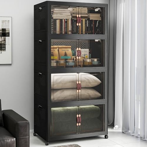 UAMFURI Stackable Storage Bins with Lids, 720QT Lockable Storage Cabinet | Foldable Storage Box with Doors and Wheels, Plastic Drawers for Home, Garage, Office (4, Black, Extra Large) - color: Black, size: Extra Large