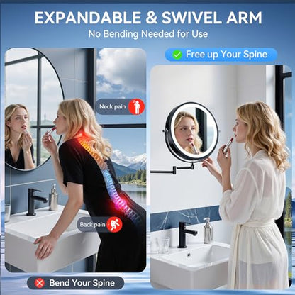 Auxmir 9″ 5000mAh 1X/30X Wall Mounted Lighted Magnifying Makeup Mirror | Power Adapter&2 Tweezers Included/ 3 Dimmable Colors/ Dual Sided Button Control/ Rechargeable/ 360° Rotation Extended Arm - color: 9'' 30x-black+adapter
