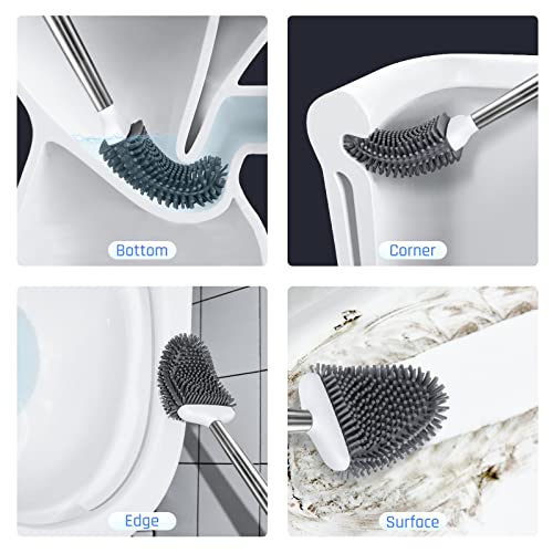 Silicone Toilet Brush, Ventilation Slots Base Holder 3 Pack, White | Flexible Bristles Flat Head for Rim, Hair Tangle-Free, Easy to Clean, Compact Design, Rustproof Handle, for Toilet/Sink/Tub - color: White-3pcs