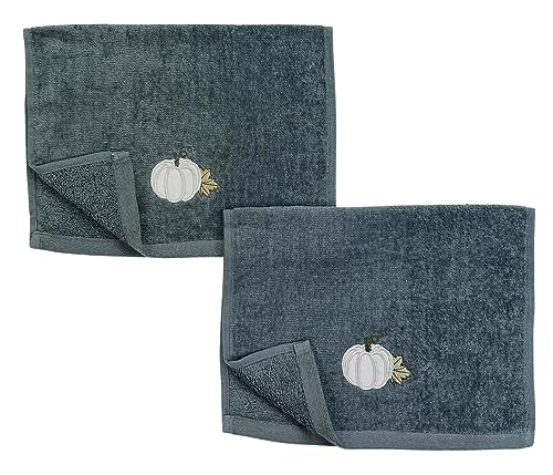Serafina Home Fall Harvest Fingertip Towels: Embroidered Applique Light Grey Pumpkin on Gray Design, Plush Soft 100% Terry Loop Cotton, Set of 2, 12 x 18 Inches - color: Grey