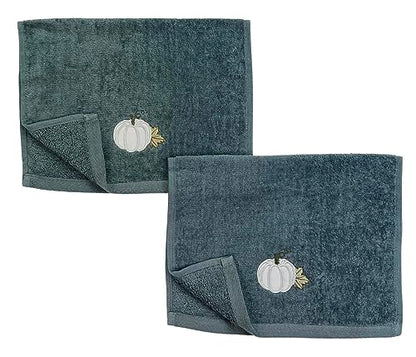 Serafina Home Fall Harvest Fingertip Towels: Embroidered Applique Light Grey Pumpkin on Gray Design, Plush Soft 100% Terry Loop Cotton, Set of 2, 12 x 18 Inches - color: Grey