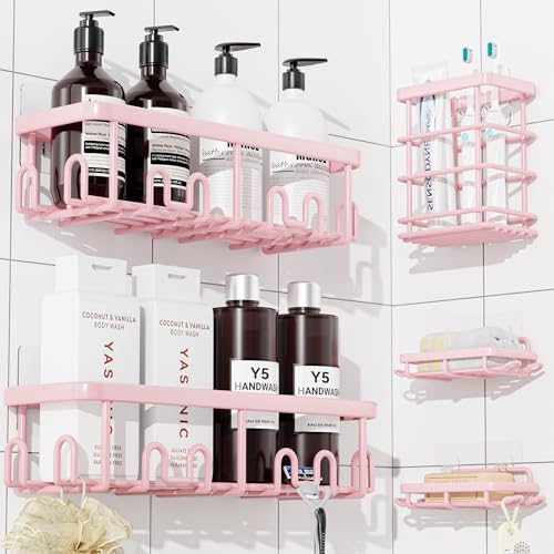 YASONIC Shower Caddy Adhesive, 100% Rustproof Shower Organizer with Soap and Toothbrush Holder, Large Capacity Shower Shelves for Inside Shower, No Drill Shower Storage for Home (5 Pack Pink) - color: Pink