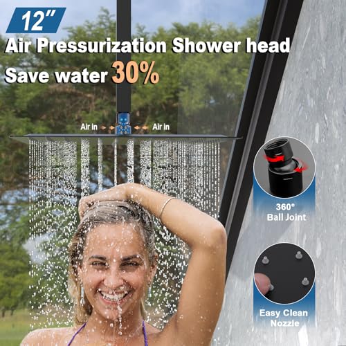 Enga Full Body Shower System with Body Jets, 12 Inch Powerful Rainfall Shower and Handheld Spray, Rough-in Mixer Valve Concealed Shower Faucet Set Complete, Matte Black - color: Matte Black, style: Ceiling Mount - 6 Jets