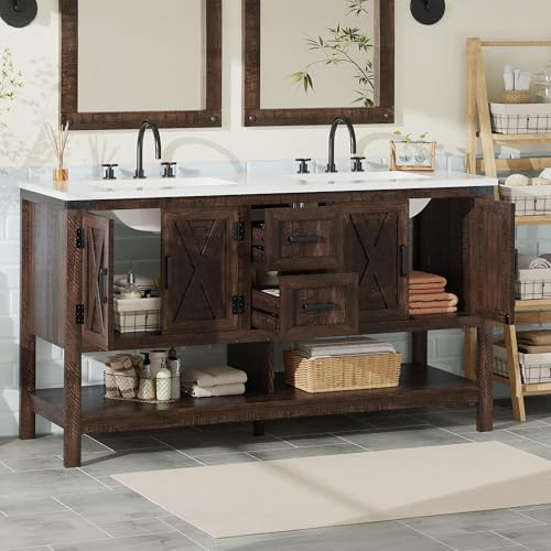 AMERLIFE 60" Brown Farmhouse Double Sink Bathroom Vanity, Solid White Top | Rustic Brown, Solid White Integrated Top, Moisture-Resistant MDF, 4 X-Panel Doors, 2 Drawers, Open Shelf, Paper Towel Holder - color: Rustic Brown, size: 60”