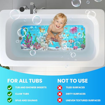 Baby Bath Tub Mat, 40 x 16 Inch Extra Large Non Slip Kids Cartoon Bathtub Shower Mats with Suction Cups & Drain Holes, Machine Washable for Bathroom, Undersea Sea Turtle - color: Undersea-sea Turtle