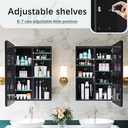 24 x 30 Black Medicine Cabinet Mirror, Recessed or Surface Mount | Bathroom mirror with storage; rustproof aluminum; 6 adjustable glass shelves; tall-bottle divider; soft-close; preassembled - size: 24" x 30"