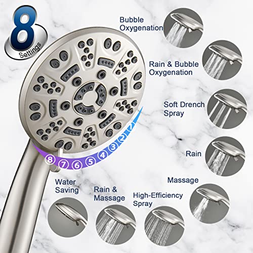 Cobbe 8-Setting Handheld Shower Head, Water-Saving Design, Brushed Nickel | Trickle Pause Mode, 5ft Stainless Steel Hose, Brass Swivel Bracket, Tool-Free Installation - color: Brushed Nickel