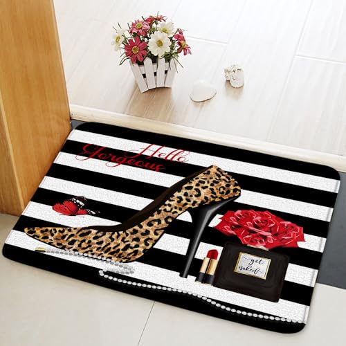 Flower Butterfly Bath Mat Hello Gorgeous Fashion Girl Black Perfume Bottle Lipstick Brown High Heel Rose Floral Romantic Lover Girls Bathroom Rug Kitchen Toilet Floor Carpet 16x24 Inch - color: Brown, size: 16x24 Inch