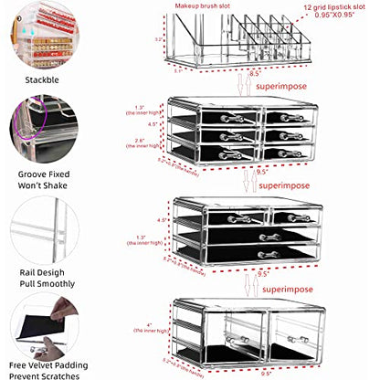 Cq acrylic 4 Pack Clear Makeup Organizer Countertop,Stackable 12 Drawers Skincare Organizer,Cute Skin Care Organizer for Vanity Hair Clip,Jewelry,Beauty Product Desk and Make Up Organizers for Vanity - size: 12 Drawers