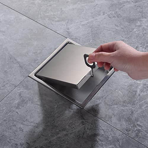 6 Inch Shower Drain Square Brushed Nickel，with Adjustable Drain Flange Kit Base PVC, Removable Grid Strainer Cover and Invisible Floor Insert, SUS304 Stainless Steel - color: Brushed Nickel