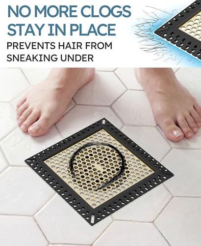 Square Shower Drain Hair Catcher, Anti-Clogging, 4 inch | 304 Stainless Steel and TPE Material/ Not Moving / Easy Clean / Fast Drainage / Fits Bathroom Hair Catcher for Shower - color: Matte Black & Brushed Gold, size: 4 inch