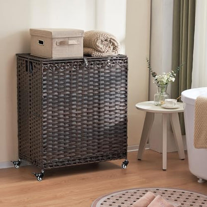 Laundry Hamper with Wheels&Lid, 50.2 Gallons(190L) Rolling Laundry Basket with Wheels, 3-Section Laundry Hamper, Handwoven Rattan Clothes Hamper with 6 Removable Liner& 3 Mesh Laundry Bags, Brown - color: Brown