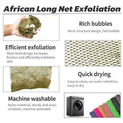 SPMKTBOZAI African Net Sponge Authentic, Exfoliating Net for Body Back | African Net Sponge with Knots| Long Stretch Net Sponge| African Net for Sensitive Skin| Durable & Quick Dry| Daily Use| Khaki - color: Khaki