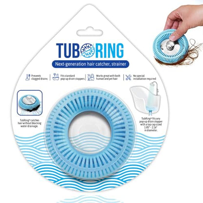 TubRing Pop-Up Drain Protector & Strainer Silicone Hair Catcher, Aqua | Easy snap-in design fits around bathtub stoppers. Customizable utility guard for clog prevention. Fits 1.85"- 2.16" drains. - color: Aqua