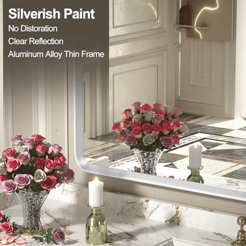 24x32 Silver Bathroom Mirror, Silver Vanity Mirror for Wall, Rounded Rectangle Mirror with Beveled Border, Anti-Rust, Polished, Shatterproof (Horizontal/Vertical) | Silver Metal Framed Mirror, Rounded Rectangle, Beveled Border, Anti-Rust, Painted, Shatter