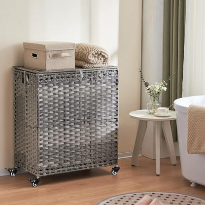 Laundry Hamper with Wheels&Lid, 50.2 Gallons(190L) Rolling Laundry Basket with Wheels, 3-Section Laundry Hamper, Handwoven Rattan Clothes Hamper with 6 Removable Liner& 3 Mesh Laundry Bags, Grey - color: Grey