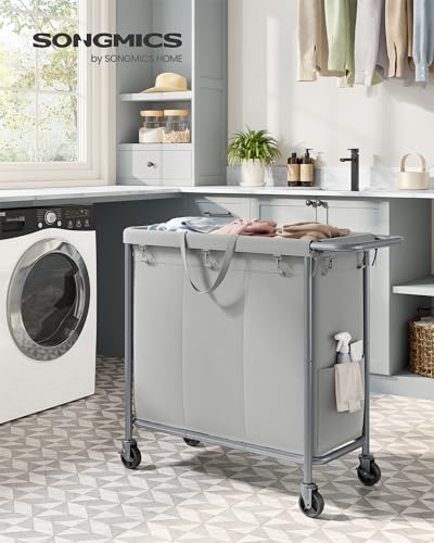 SONGMICS Laundry Basket with Wheels, 3-Section Rolling Laundry Hamper, 52.8 Gallons (200 L), Removable Liner, Steel Frame with Handle, 35.8 x 15.4 x 31.9 Inches, Dove Gray URLS005G01 - color: Dove Gray, size: 200 L (3-Section)