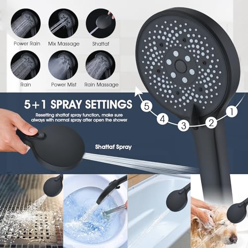 PDPBath 14 Inch Rain Shower Head with 5+1 Settings Handheld Spray Combo, High Pressure Rainfall Shower Head with 16'' Upgrade Adjustable Extension Arm, 79" Extra Long Hose, 3-Way Diverter, Matte Black - color: Matte Black