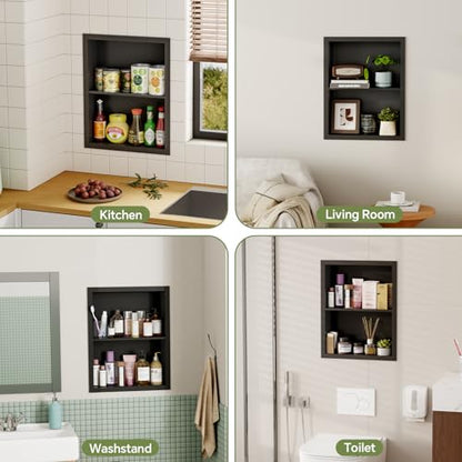 14x18 Medicine Cabinet Recessed Stainless Steel, 2-Tier, Medicine Cabinet Organizer,Stainless Steel Wall Niche, Bathroom Wall Cabinet, Recessed Bathroom Cabinet, Wall Cabinet, Black - color: Black, size: Classic 2-Tier