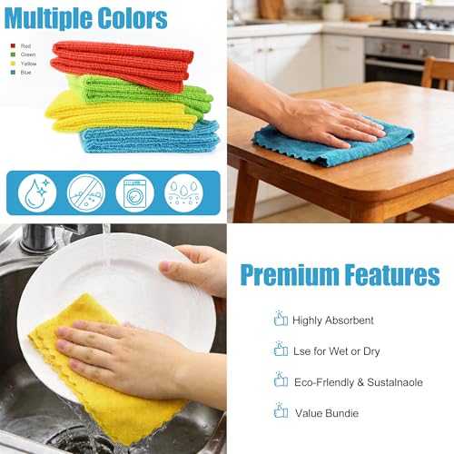 Puomue Microfiber Cleaning Cloth, 24 Pack Highly Absorbent Cleaning Rags, 4 Color Mix, Reusable, Soft and Lint Free Cleaning Supplies for Window, Household and Kitchen, 12 Inch X 10.6 Inch